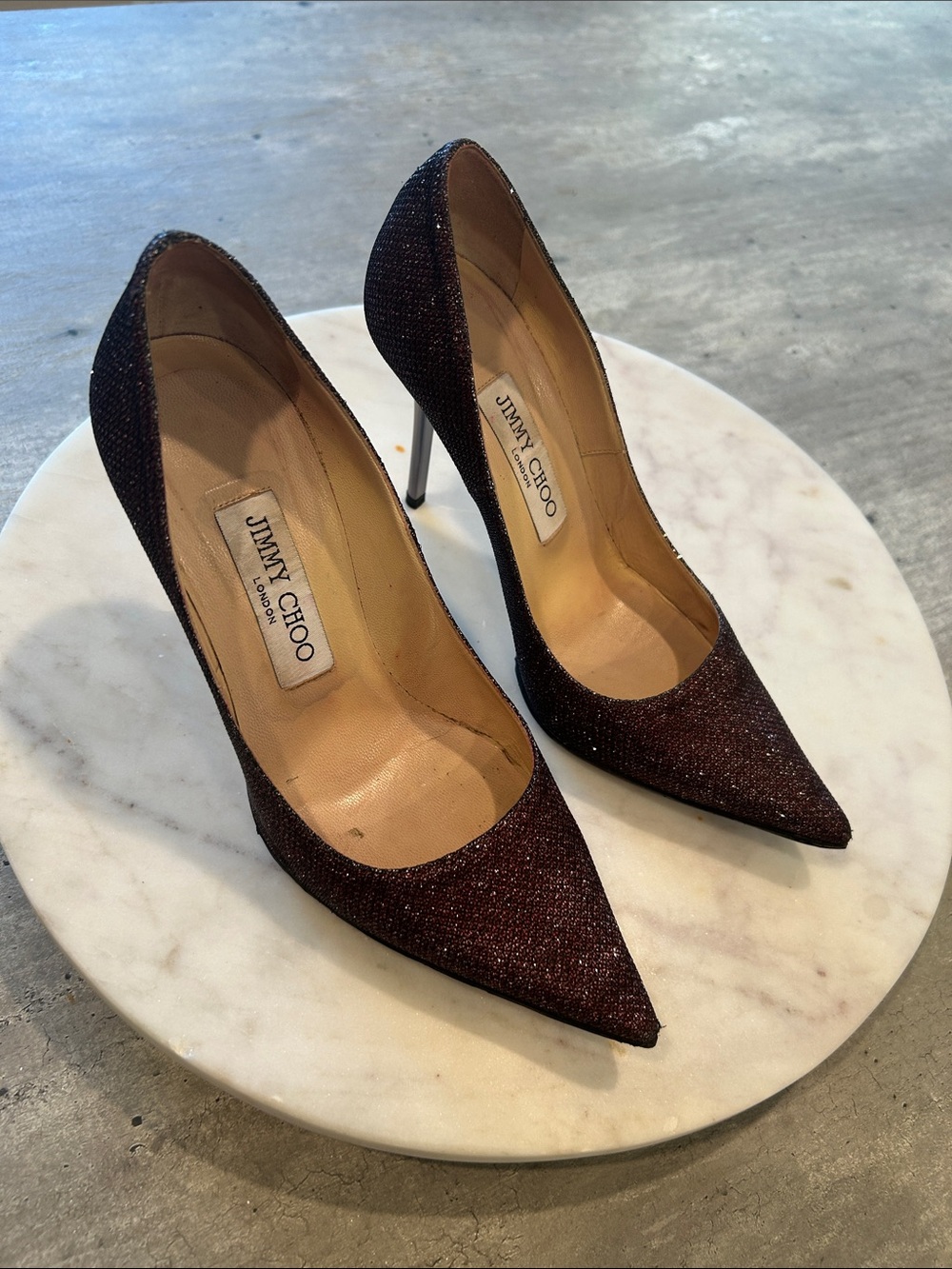 Jimmy Choo Burgundy Glitter Pointed-Toe Stiletto Pumps size 35 1/2